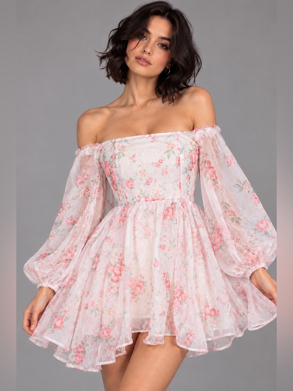 SHEIN Womens Small Pink Floral Mini Dress Off Shoulder Puff Sleeve Cottagecore